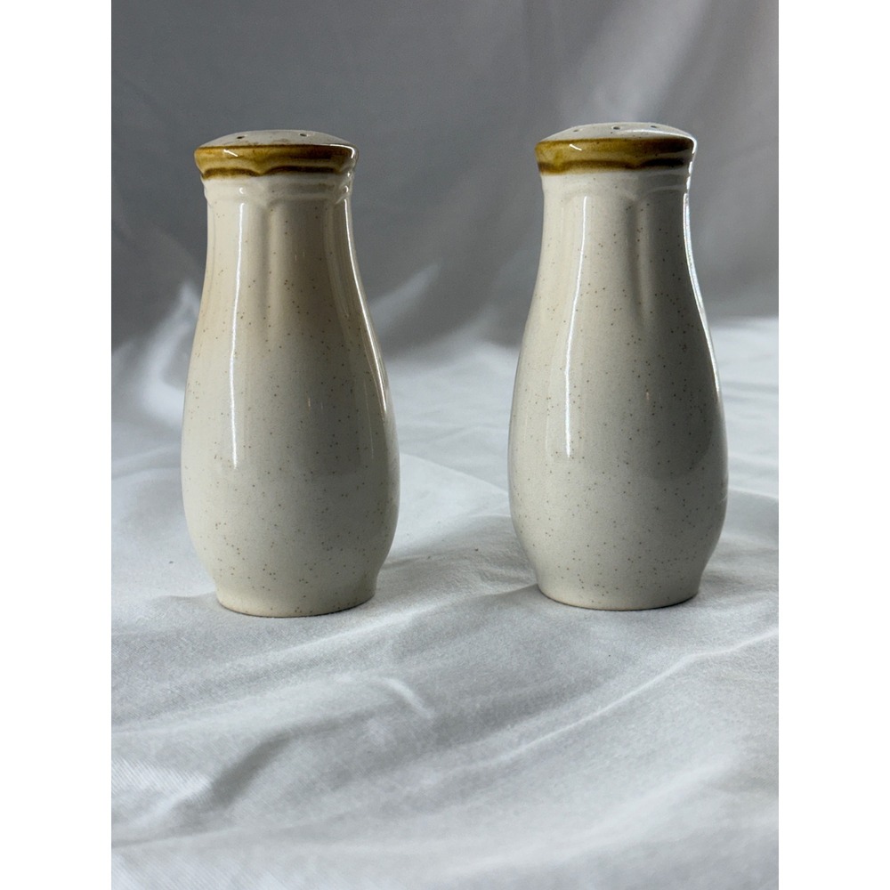 Vintage Japan Speckled Ceramic Salt and Pepper Shakers Brown Rim Cream 4.5"